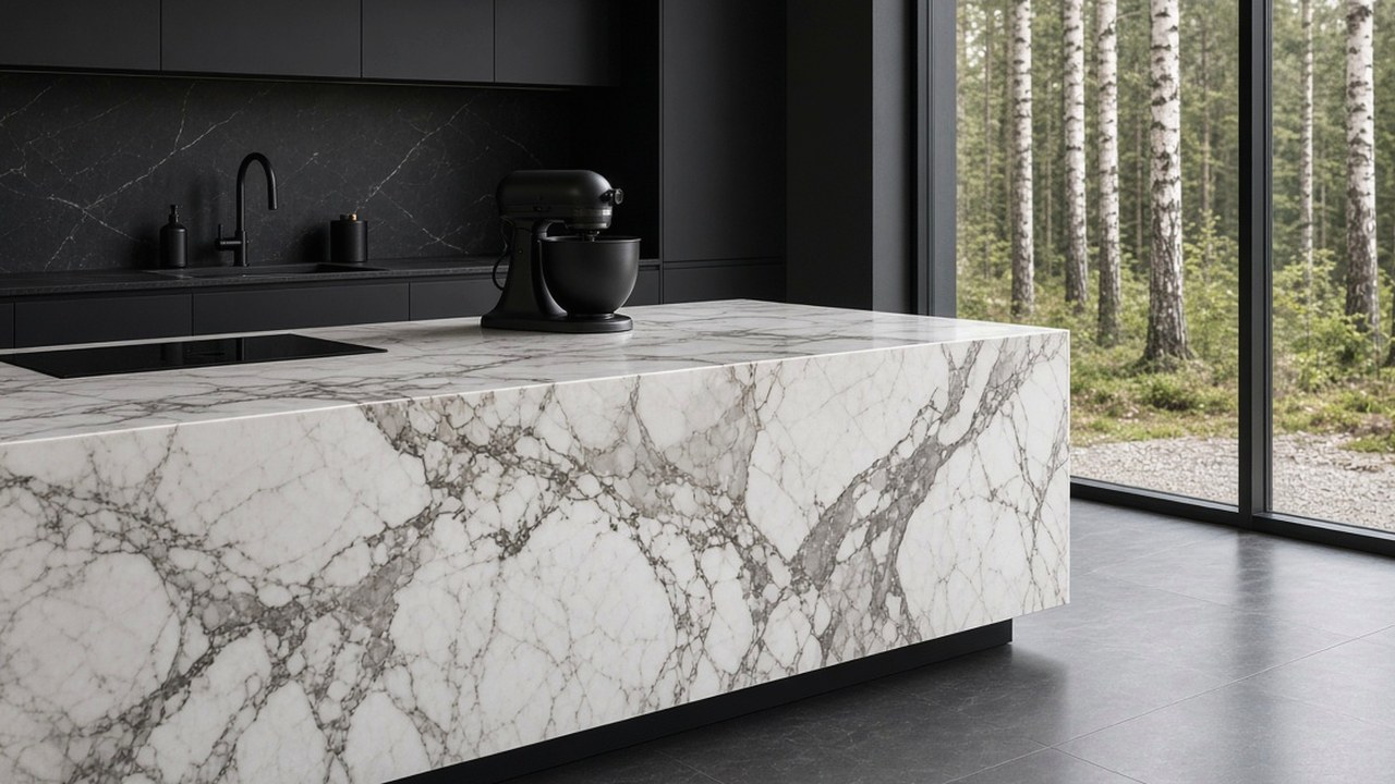 Waterfall Corian island with a floating end in a contemporary architectural kitchen