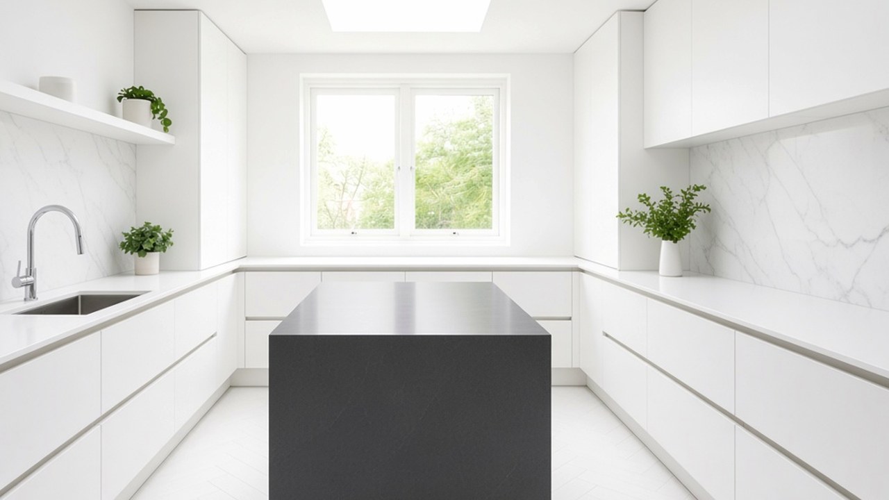 Monolithic dark solid-surface island in a bright architectural kitchen with a rooflight