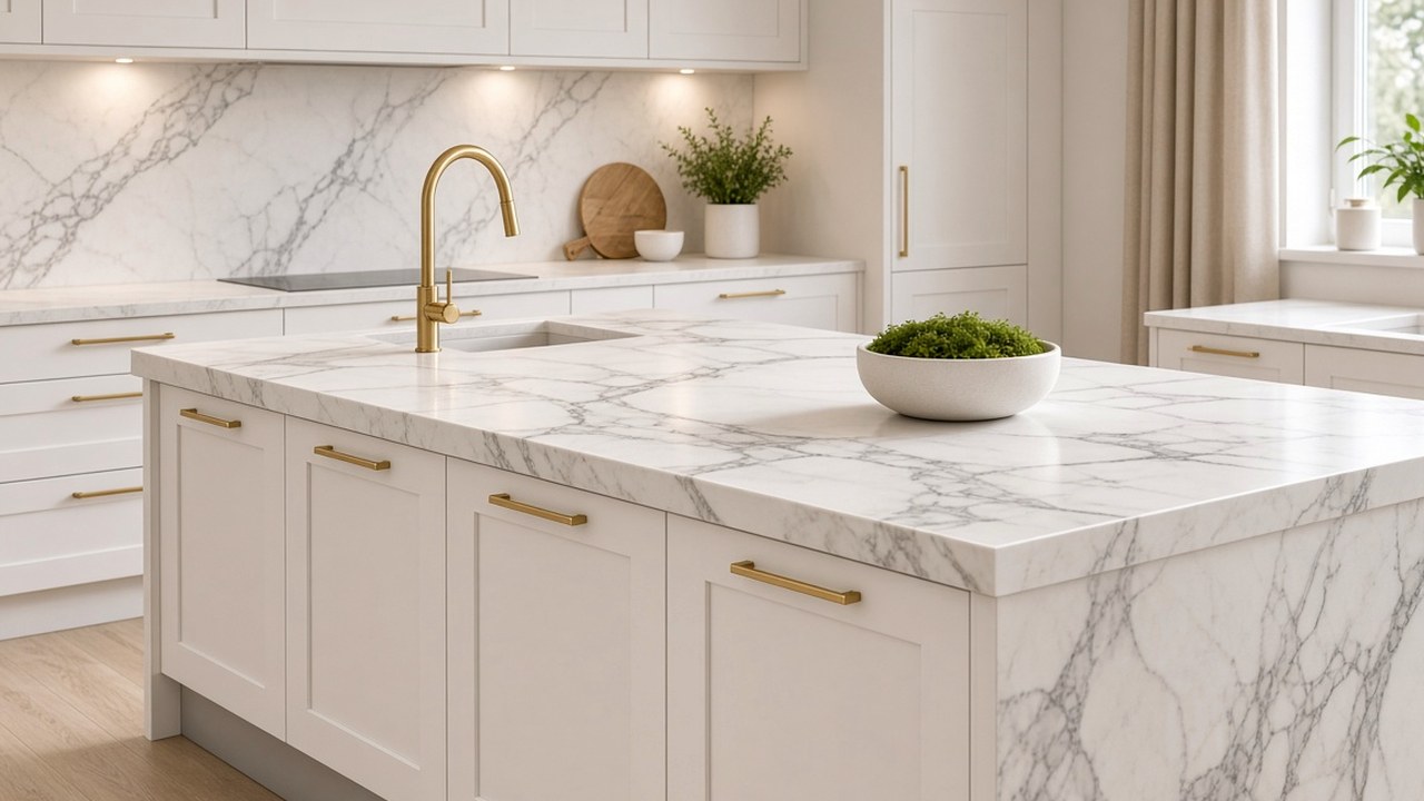 Full-height veined Corian splashback wall rising behind the hob above a matching island