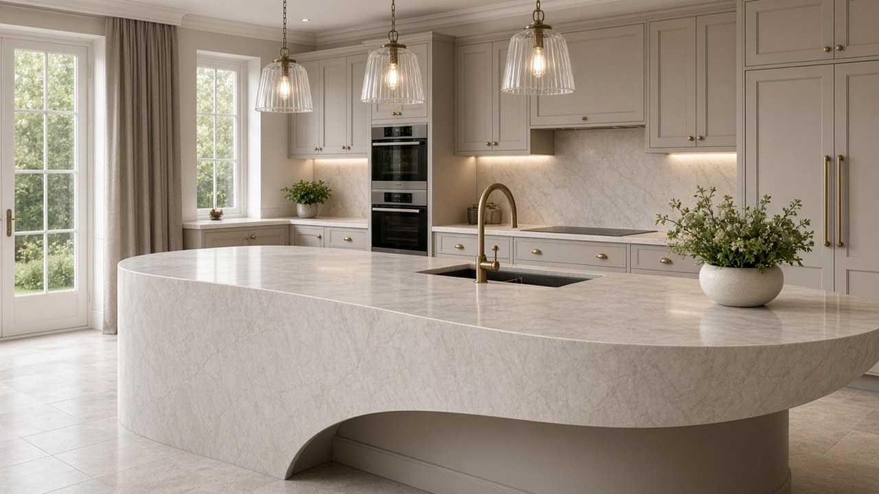 Curved white Corian island under pendant lights in an architectural kitchen, the kind of form suited to a backlit panel